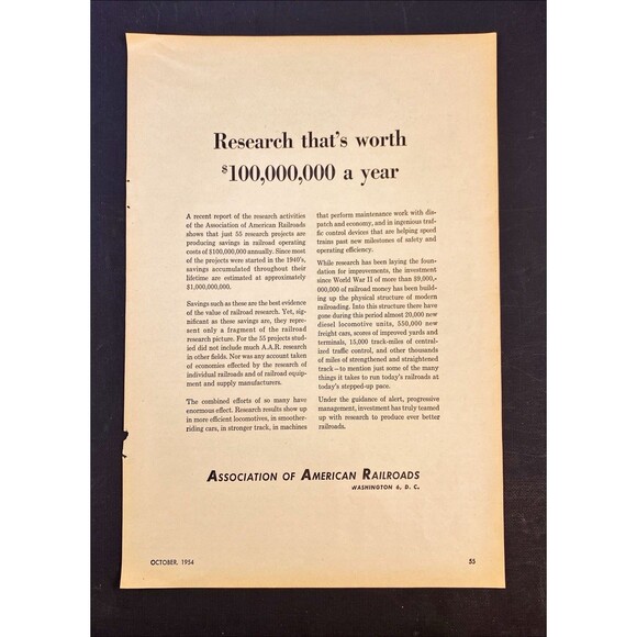 Association of American Railroads "Research Worth $100 Million a Year" Ad 1954 - Picture 3 of 3